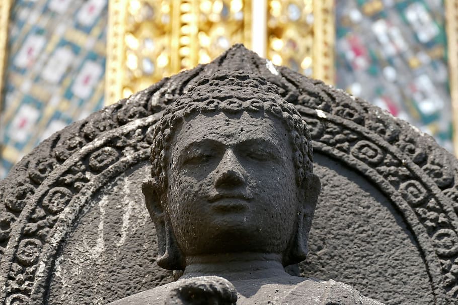 Buddha, buddhismus, Thajsko, Bangkoku, hlava Buddhy, socha, zlatý buddha, náboženství, kamenná postava, rozjímání, sochařství