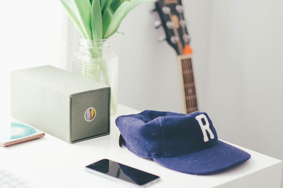 blue, fitted, cap, table, Iphone, Smartphone, Office, Mobile, office, mobile, cell phone, home office