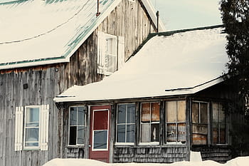 snow, covered, house, daytime, brown, wooden, coated, wood, winter, building exterior, window
