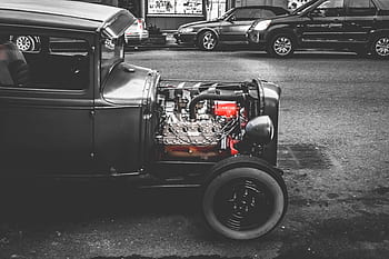Auto, klassisch, Jahrgang, Motor, Straße, Schwarz und weiß, Stadt