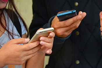 two, person, holding, smartphones, texting, mobile phones, hands, text, phone, mobile, cell