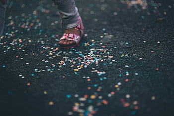 sandály, obuv, noha, bokeh, konfety, večírek