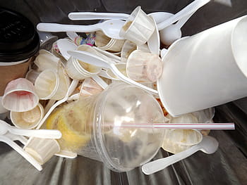 assorted disposable cups, garbage can, garbage, recycle, trash, recycling, container, landfill