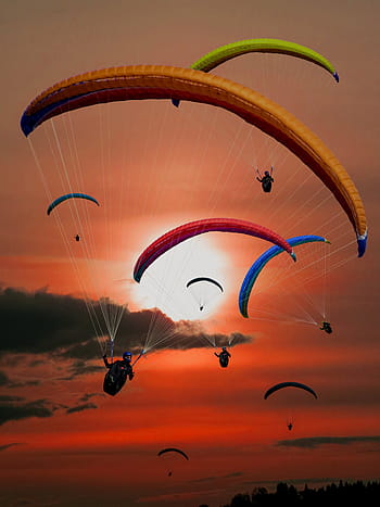 assorterte farger fallskjermer, paraglider, paragliding, fly, sol, solnedgang, Abendstimmung, eventyrer, sport, baklys, flying