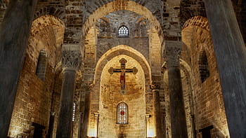 brown church interior, church, interior, religion, christianity, cross, crucifix, christian, italy, sicily, palermo