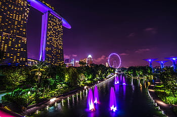 Marina Bay Sand, notte, Baia di marina di Singapore, sabbie della baia del porticciolo, Singapore, orizzonte