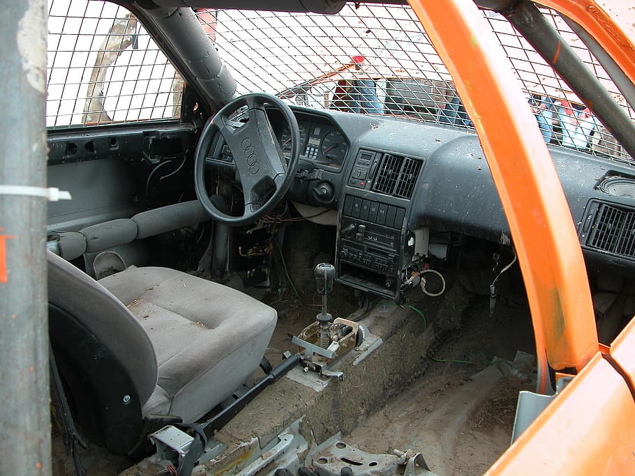 interiér, zbourán, auto, stock závodní auto, obnovena, automobilového průmyslu, vozidel, prostoru pro cestující, šrot