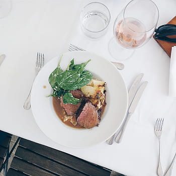 medium beef steak, spinach, potatoes, Medium, beef steak, beef, healthy, meat, restaurant, steak, top view