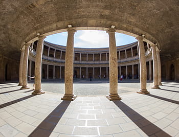 granada, Andalúzia, carlos v, palacio de carlos v, alhambra, palota, nap és árnyékok, oszlopok, oszlopsor, Spanyolország, építészet