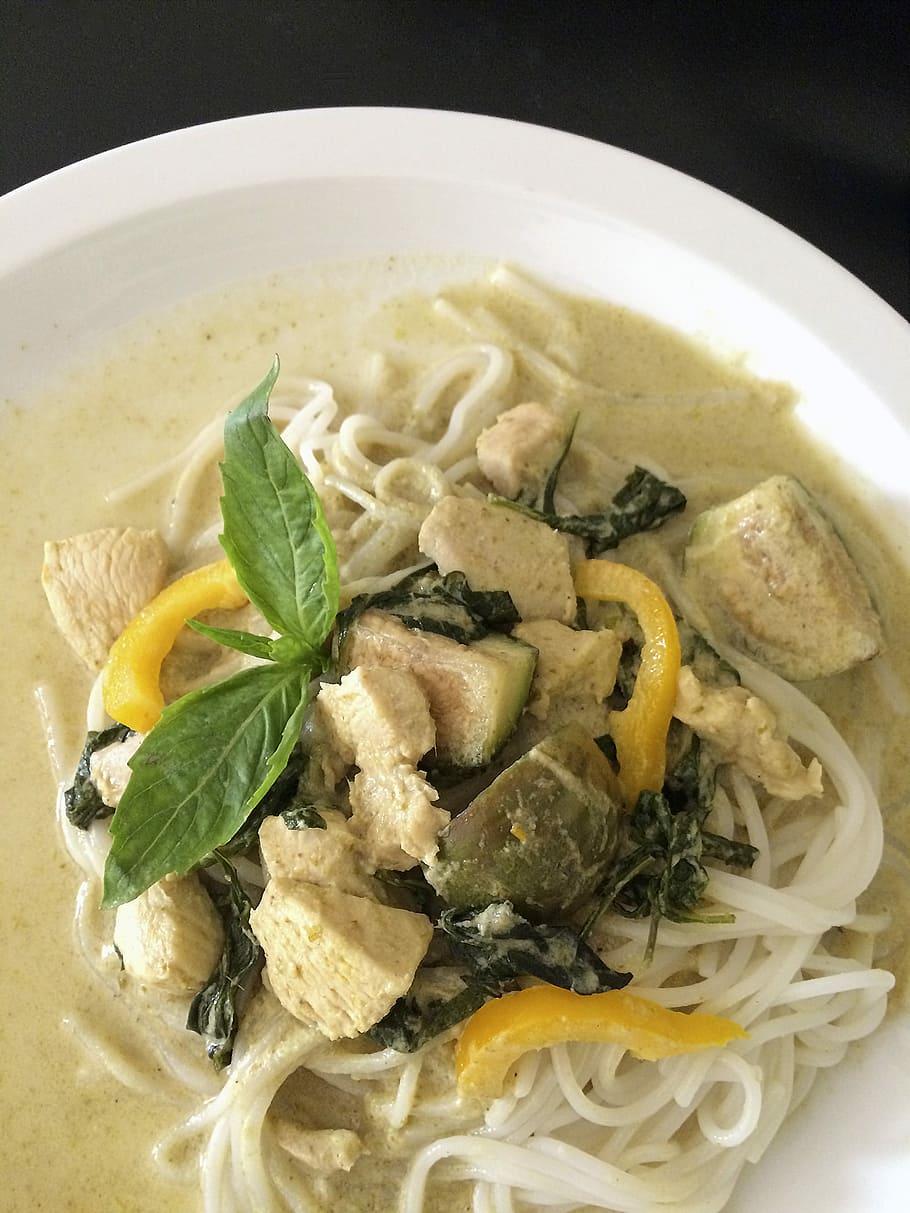 thai, kuchyně, jídlo, tradiční, jídlo, thai, kuchyně, tradiční, kari, zelená, jemné rýžové nudle, pikantní, nudle