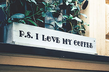 p.s., ich liebe, Kaffee-Beschilderung, p, s, Liebe, Kaffee, gedruckt, Pflanze, Container, Briefe