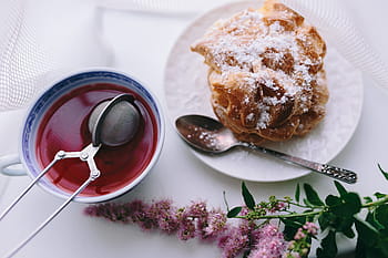 クリーム、 パフ、 コーヒー、 ティー、 クリームパフ、 お茶、 カップ、 ケーキ、 甘い、 クッキー、 食品