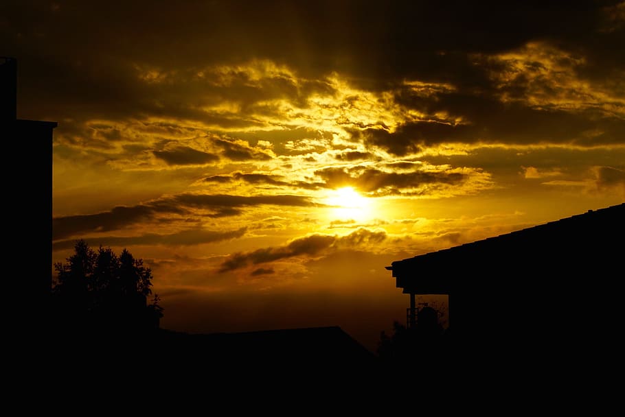 Twilight, Evening Sun, Clouds, Home, contours, sunset, silhouette, cloud - sky, sky, dramatic sky, orange color