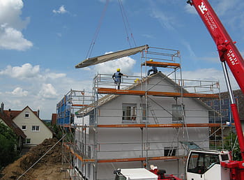 white, gray, concrete, house, house construction, new building, site, scaffold, construction work, build, work