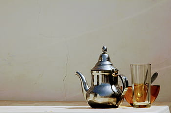 gray, stainless, steel kettle, clear, drinking glass, Tee, Teatime, Drink, Teapot, teeservice, teacup