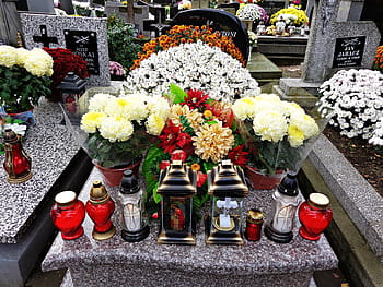 assorted-color flowers, cemetery, tombstone, all saints ' day, the tomb of, the dead, candle, bereavement, memory, death, 1 november