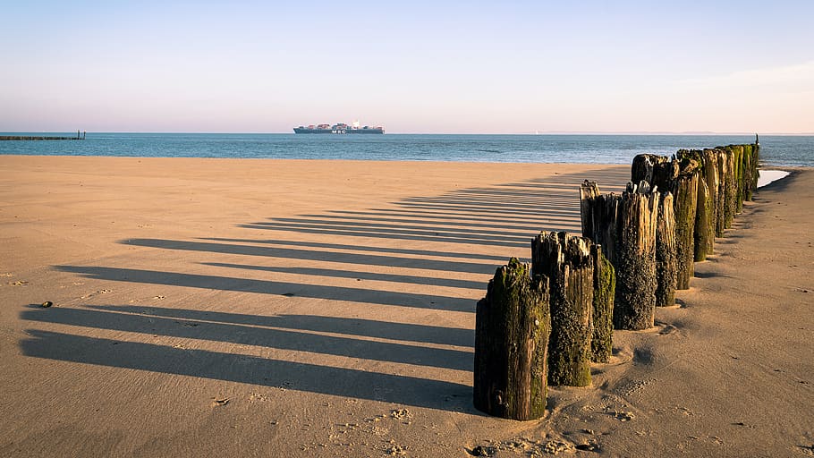 groynes, pobřeží, pláž, písek, prázdnin, voda, Severní moře, vod, loď, breskens, Holandsko
