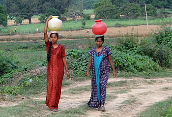 two, women, standing, wearing, jars, village, fetching water, pot, hands-, balance, karnataka