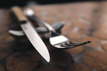 steakový nůž, zavřít, Vidlička, zblízka, kuchyňské nádobí, restaurace, stříbro, detail, stolní nůž, dřevo - materiál, stůl