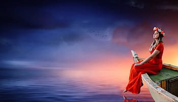 woman, wearing, red, dress, sitting, boat, surrounded, body, water, girl sky, boot