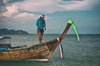 man secures, longtail boat, rope, krabi district, man, Krabi, district, Thailand, people, boat, nautical Vessel