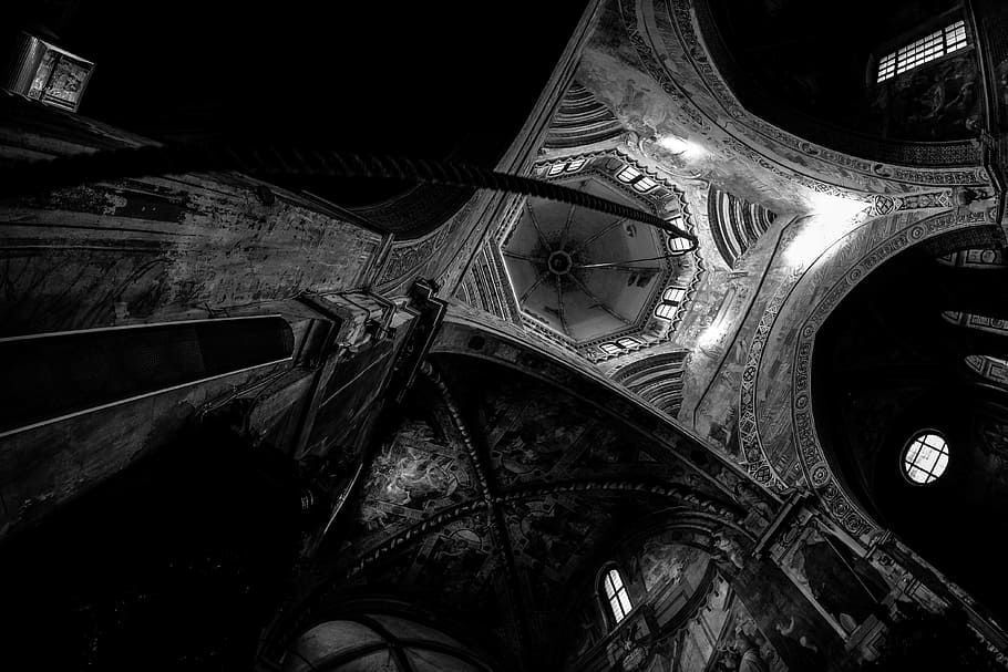 Black White, White, Church, Columns, church, perspective, rope, black And White, fish-Eye Lens, architecture, famous Place, old