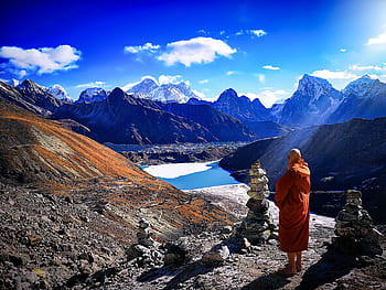 everest base camp, nepal, monk, buddhist, mountain, himalaya, nature, landscape