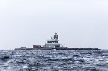 Červené, bílý, maják, tělo, voda, během dne, fotografie, Dům, u, oceán, budova