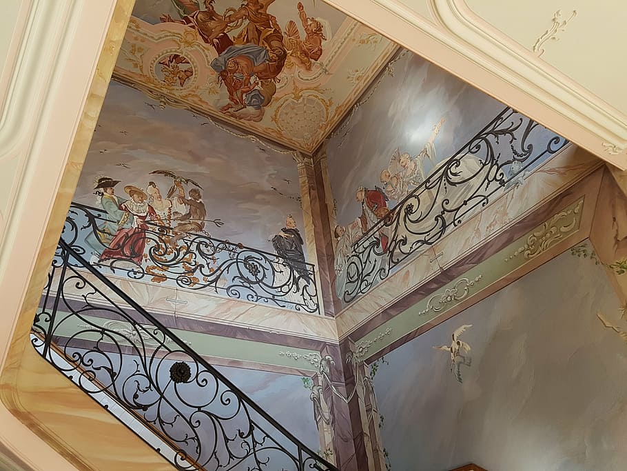 schodiště, nástěnná malba, barokní, historicky, architektura, budova, umělecká díla, umění, malované, malování, ornament