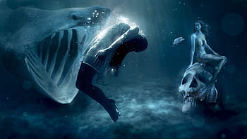 mermaid, sitting, human, skull grayscale photo, human skull, grayscale, hai, mystical, fantasy, food, eat