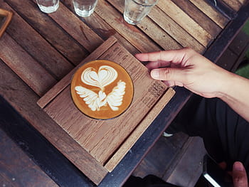 kavárna, latte, espresso, káva, umění, napít se, dřevěný, stůl, ruka