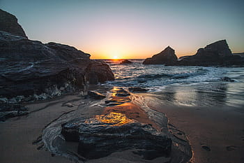 seascape shot, captured, sunset, Seascape, shot, Coast, Cornwall, England, nature, ocean, rocks