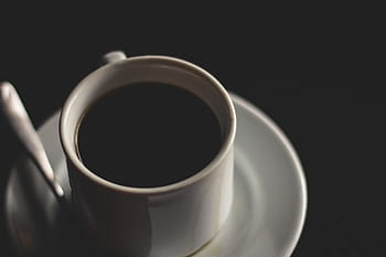 filled, coffee mug, saucer, close, white, ceramic, mug, black, coffee, americano, hot