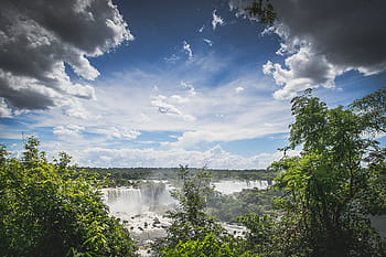waterfalls, cloudy, sky, along, green, trees, white, blue, daytime, Iguazu Falls, landscape