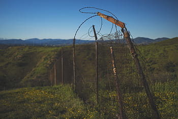 landscape photography, green, grass field, fence, tilt, shift, lens, photography, rusted, metal, post