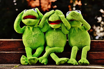 tři, kermit, žába, plyš, hračky, neslyšet, nevidět, nemluv, legrační, roztomilý, zábava