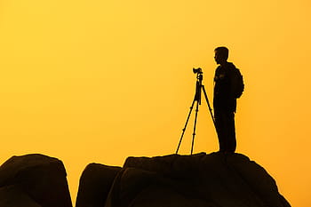 Photographer, Silhouette, Yellow, photographer Silhouette Yellow, people, tripod, camera - Photographic Equipment, sunset, outdoors, photographing, men
