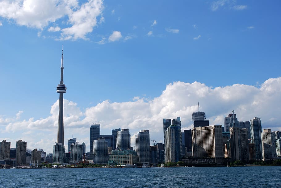 cn tower, cloudy, sky, daytime, architecture, blue, building, buildings, business, canada, center