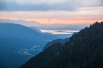 svítání, siluety, hory, jezero, švýcarsko, jura, mraky, nálada, světlo, mlha, ráno