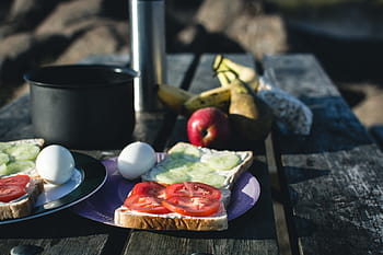 kempování snídaně, Příroda, kempování, snídaně, vejce, zdravý, mimo, sendvič, letní, jídlo, rajče