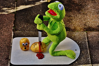brambory, nůž, kečup, krev, vražda, legrační, kermit, žába, roztomilý, zábava, zelená