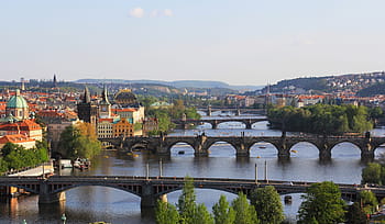 top, view, bridges, body, water, buildings, trees, daylight, on top, body of water, sun
