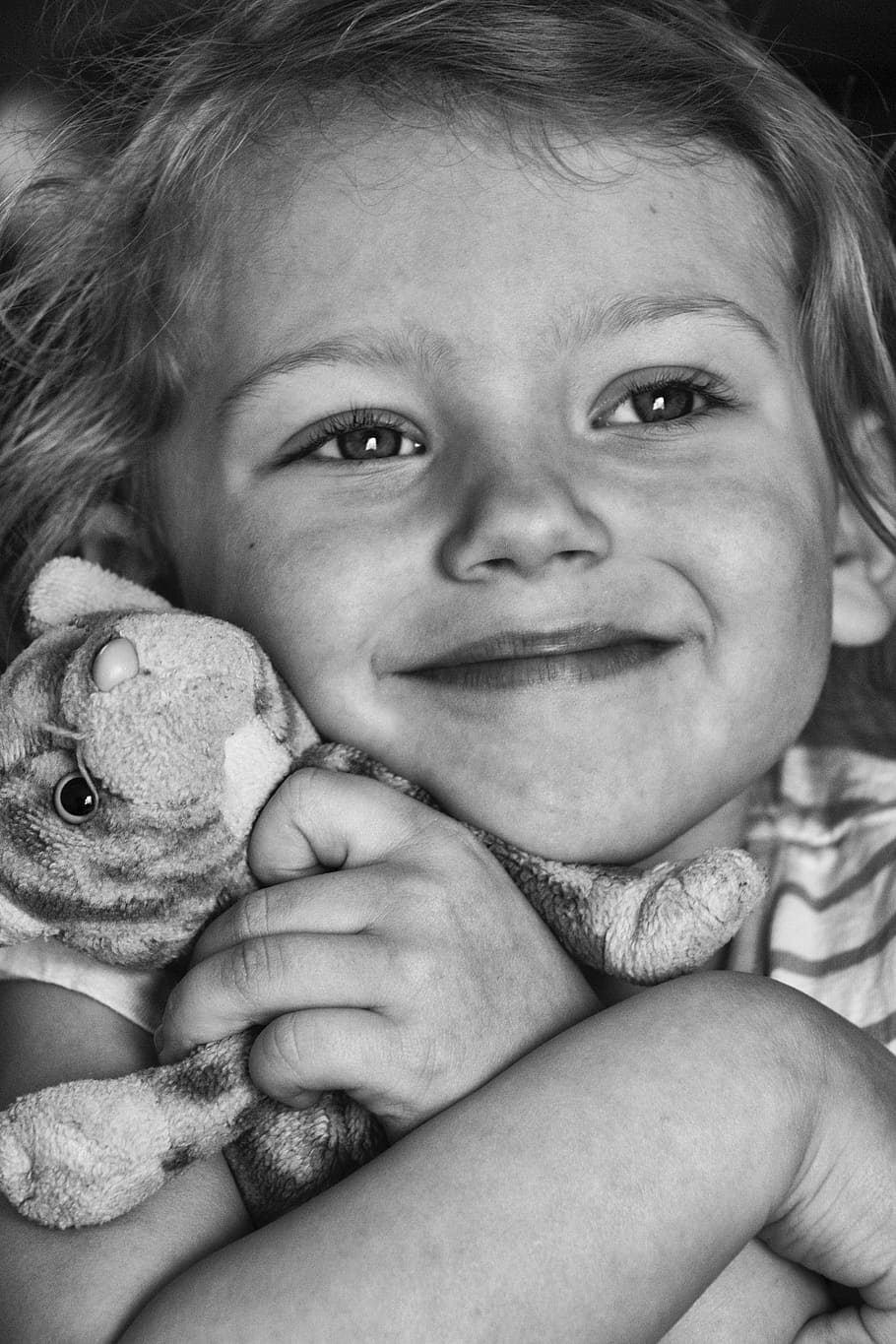 grayscale photo, hugging, plush, toy, Hug, Love, Puppy, Child, Girl, Daughter, portrait