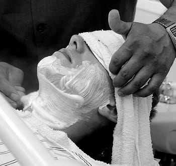 grayscale photo, person, white, cream, barber, shave, barber shop, man, grooming, male, face