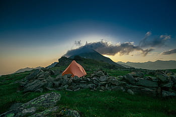 oranje, Kampeer tent, groen, berg-, hoogland, wolk, hemel, top, nok, landschap, natuur