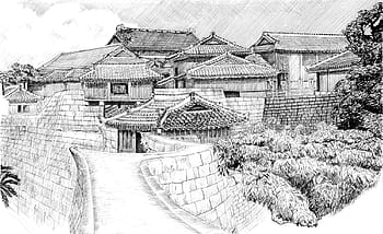 japonský hrad inkoust, japonský hrad, inkoust, výkres, umění, hrad, japonský, veřejná doména, Černý a bílý, staromódní, antický