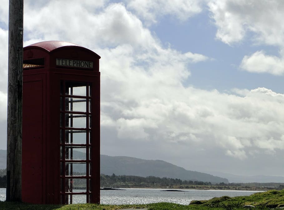 phone booth, phone, red, scotland, scottish, landscape, beautiful, water, nature, sky, clouded sky