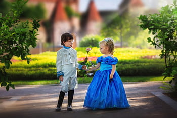 chlapec, bílý, oblek, dávat, květ, dívka, modrý, talár, prince a princezna, děti, park