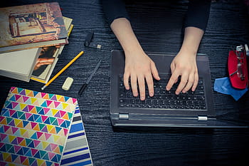 person, holding, black, laptop computer, pencil, pen, student, difficult, read, think, knowledge