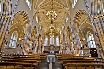 photography, cathedral, interior, pendant, chandeliers, architecture, building, infrastructure, church, bench table, altar